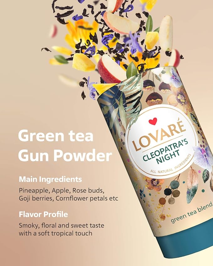 LOVARE Cleopatra’s Night Loose Leaf Tea Sampler 80 g – Made in Ukraine — Green Tea, Pineapple, Apple, Rose Buds and Petals, Calendula, Safflower, and More with 15 Paper Filters (Cleopatra’s Night)