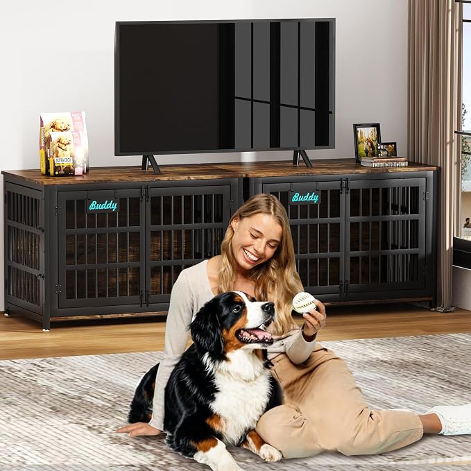 EasyCom 46"/42"/33" XXL Heavy Duty Dog Crate Furniture with Casters | Dog Kennel Indoor with Name Tag, Escape-Proof and Chew-Proof Dog Cage for Large High Anxiety Dog, as End Table