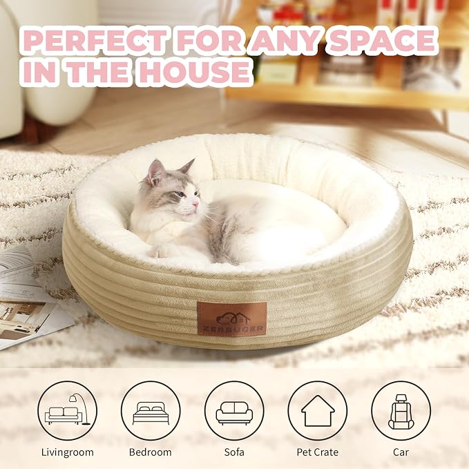 Zerbuger 20in Camel Round Dog Bed Sofa for Dogs Cats, Machine Washable | for Small/Medium/Large Dogs Cats, Foam Pet Couch with Removable Mat Non-Slip Bottom, Pet Cuddler for Indoor/Outdoor/Car/Cage