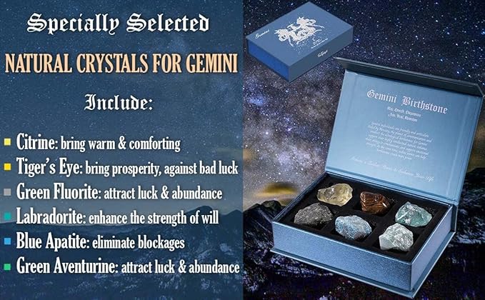 Faivykyd Gemini Crystals Gift for Women - 6 Gemini Zodiac Natural Stones w/50 Miracle Mantras Affirmation Cards, Healing Astrology Gifts for Motivation, Promote Positive Energy