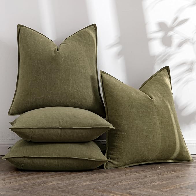 MIULEE Olive Green Boho Linen Pillow Covers 20x20 Inch Pack of 4 | Natural Decorative Throw Pillow Covers, Soft Farmhouse Couch Pillowcases, Modern Decors for Living Room Bed Sofa