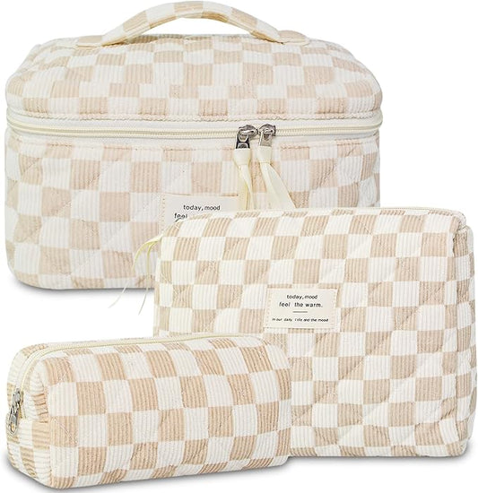 GISMTR 3Pcs Makeup Bag Cotton Quilted Travel Cosmetic Bag Cute Floral Makeup Pouch Large Toiletry Bag for Women Girls