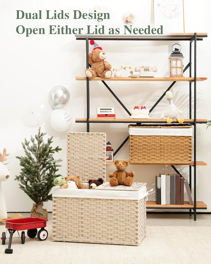SETVSON Storage Basket with Lid 105L PE Rattan Storage Bin Light Khaki | 2 Removable Liners for Clothes & Blankets, 105L Storage Bin with 2 Separate Lids,Sturdy Metal Frame, PE Rattan