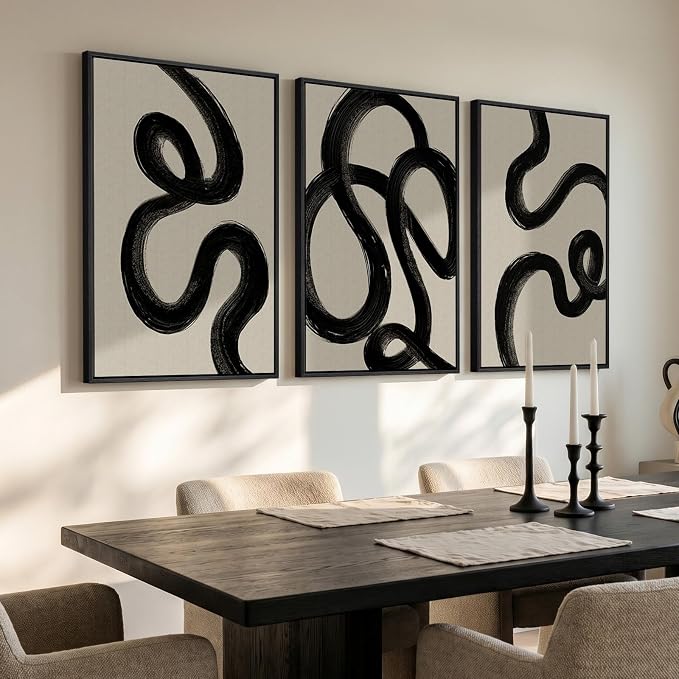 Large Framed Black and White Abstract Wall Art for Living Room, Set of 3 Modern Minimalist Canvas Prints Paintings Artwork for Walls, Neutral Pictures Wall Decor for Bedroom Hallway Office, 24x36 In