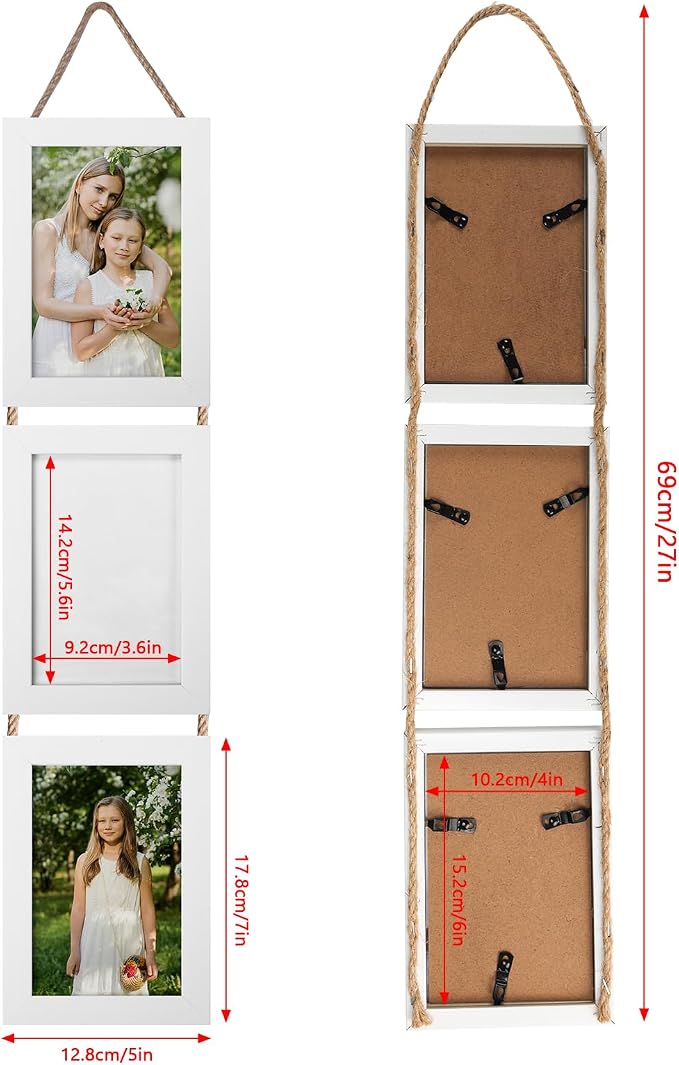 QUTREY 4x6 Collage Picture Frames White, 3 Openings Vertical 4 x 6 Hanging Photo Frames Display 4 by 6 inch Pictures for Wall Decor, 2 Pack