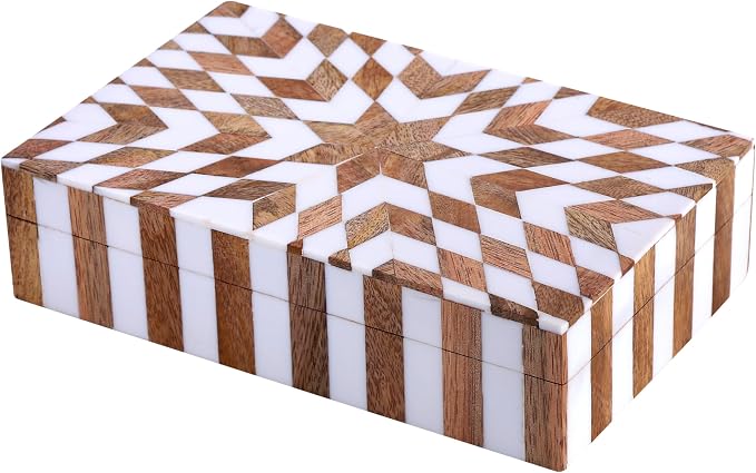 Handicrafts Home Handmade Decorative Storage Box with Lid, Wood & Resin Inlay Geometric Star Design, Coffee Table Storage Box, Remote Control Holder, Keepsake, Wooden Organizer for Home Decor- 8x5x2