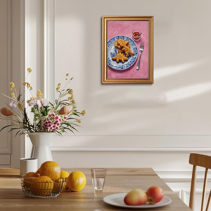 Vintage Whimsical Gold Framed Canvas Wall Art Funny Pop Food Wall Decor Art | Dino Chicken Nuggets Pictures Blue White Delft Canvas Art Pink Dopamine Small Framed Prints Artwork Shelf Bar Dining Gallery