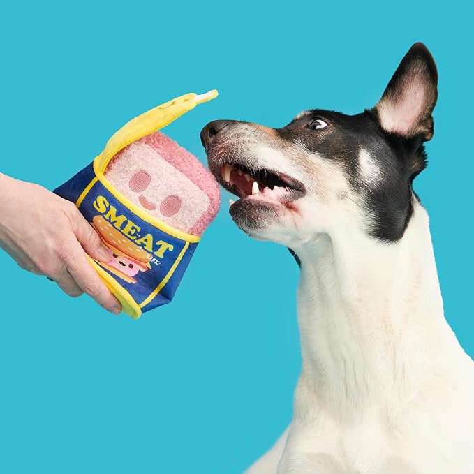 BarkBox Canned Smeat Dog Toy - 2-in-1 - Toy for Extra Small to Small Dogs | Plush Set with 2 Squeakers & Crinkle | Multi-Part Squeak