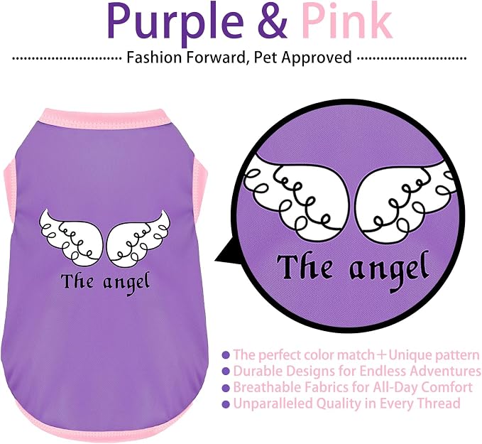 Color-Blocked Dog Tank Top with Playful Heat Transfer Designs – Lightweight Polyester Shirt for Small,MediumDogs, Perfect for Casual Outings.The Angel Purple M