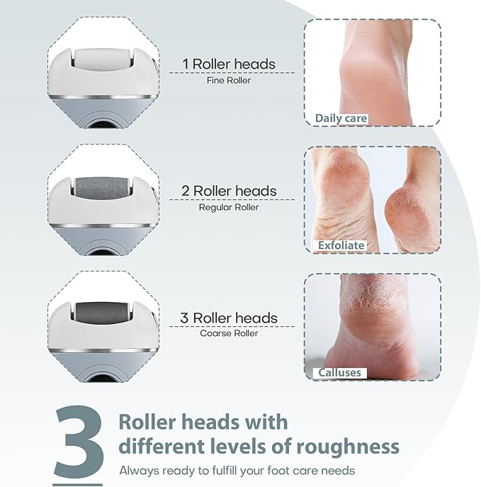 KAZLIE Electric Foot Callus Remover, Rechargeable & Waterproof Pedicure Tool with 3 Roller Heads, 2 Speeds for Dead, Hard, Cracked, Dry Skin Care