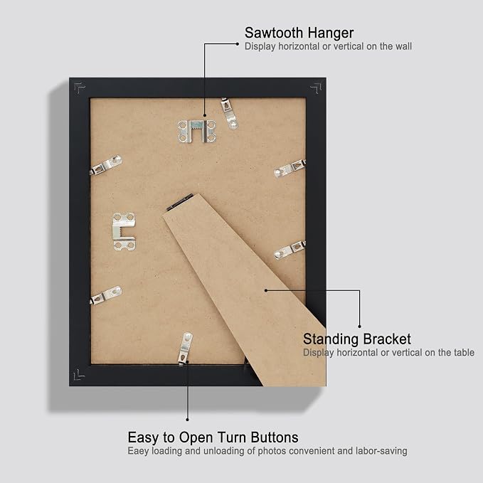Hongkee 8x10 Picture Frame Set of 4, Made of Real Glass and Black Wooden Frame, 8 by 10 Photo for Wall or Tabletop - Display Picture 5x7 with Mat or 8x10 Without Mat