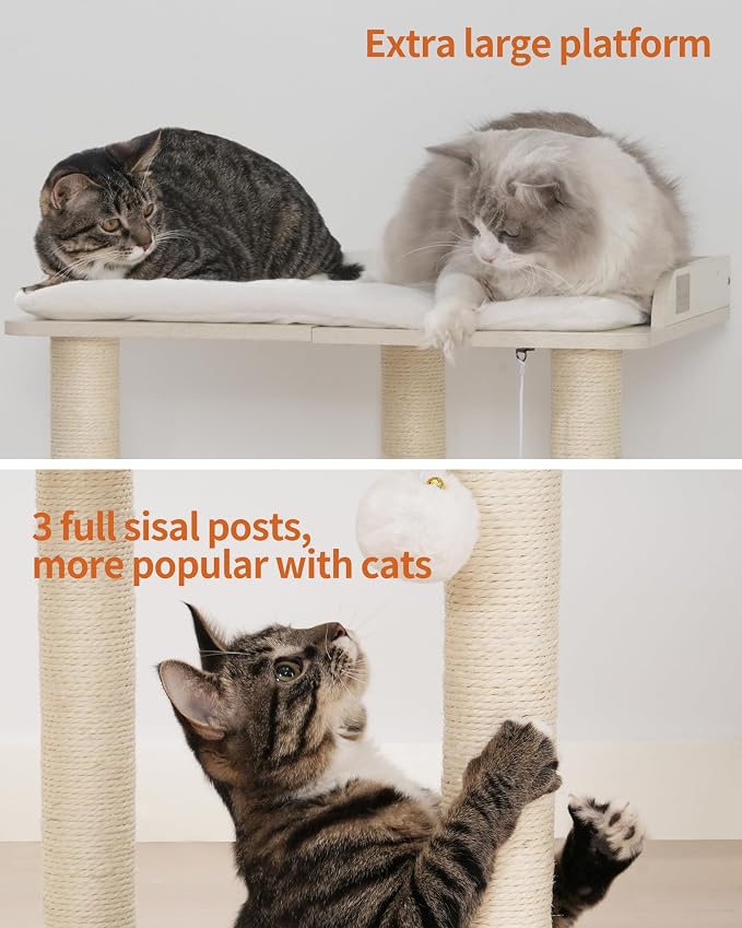 26.7in Large Cat Tree Tower Condo, Cat Scratch Posts for Indoor Cats, Big Plate, Three 23.6in Full Sisal Scratching Posts, White