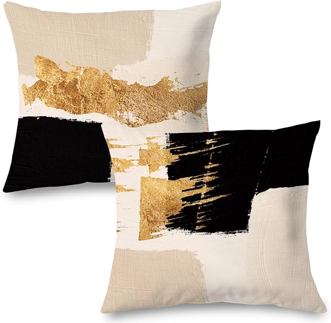 Black Beige Gold Pillow Covers, Abstract Black and Gold Pillow Covers 18x18 Set of 2, Modern Boho Home Decor, Black and Gold Pillows Decorative Throw Pillows for Couch Living Room Bedroom