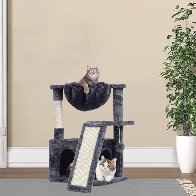SYANDLVY 23.62" Cat Tree for Indoor Large Cats, Cat Tower with Scratching Posts & Board, Modern Cat Bed Furniture with Condo & Basket (Smoky Grey)