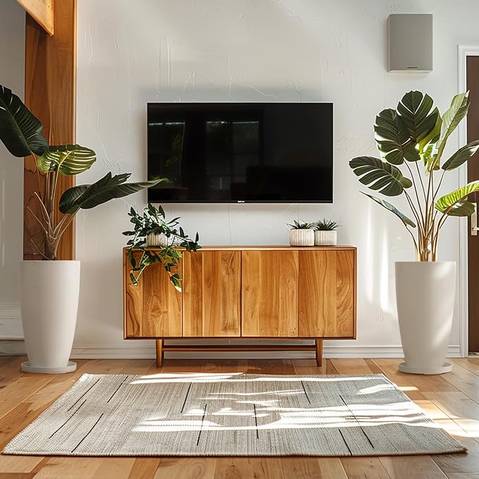 LA Jolie Muse Tall White Planters Set of 2,20 Inch Indoor/Outdoor Round Planters with Shelf Inset,Modern Large Planters with Drainage Holes for Front Door,Balcony and Patio Deck | Set of 2, Large Flower Pots with Drainage Holes and Tray, Modern Planter...