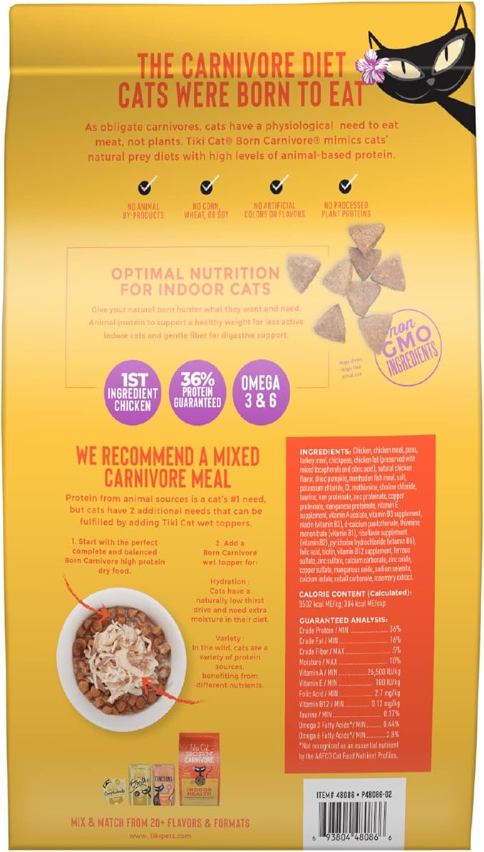 Tiki Cat Born Carnivore Indoor Health, Chicken & Turkey Meal, 12 lbs Bag | Formulated for Indoor Cats, Crunchy Kibble Texture, Real Animal Protein, Non-GMO Ingredients, Minimally Processed