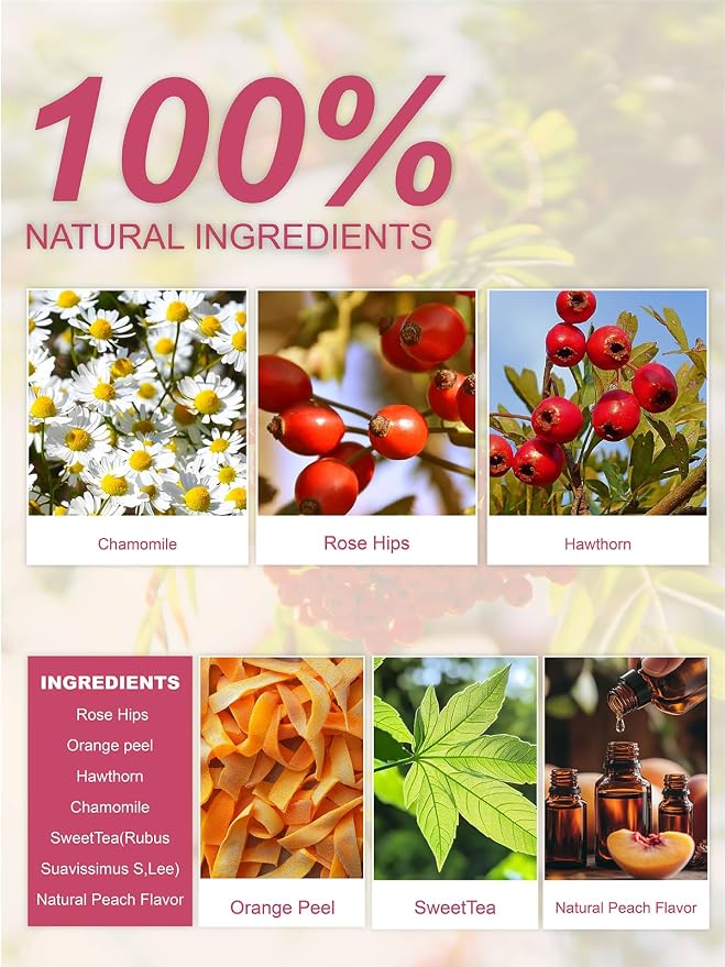 TeeLux Peach Herbal Tea Bags, Fruity Rosehips with Tart Hibiscus & Soothing Chamomile, Fruity & Sweet Flavor, Caffeine Free, 50 Count