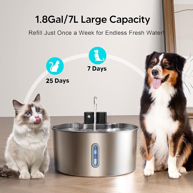 Voluas 7L Wireless Dog Water Fountain with 1 Filter, Stainless Steel | 236oz capacity, 4-layer filtration, ultra-quiet pump, water level window, easy clean for large dogs