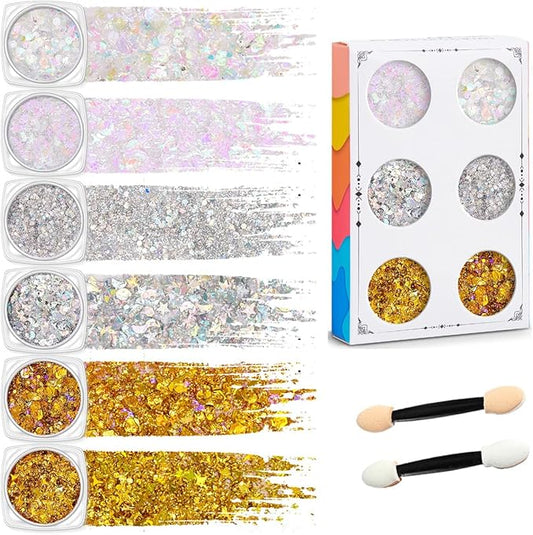 Gold Body Glitter Clear White Body Glitter Silver Face Glitter Hair Glitter Gel Singer Concerts Music Festival Rave Accessori Christmas Hallowen Face Paint 6 Shapes Chunky Glitter Gel for Women Girls