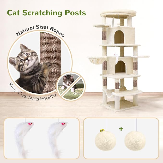 Globlazer 66inch Corner Cat Tree Tower for Indoor Large Cats, C66, Beige | Space-Saving Stable Adult Cat Tower with 6 Scratching Posts, 2 Large Fan-shaped Condos & Top Perch, Hammock, Climbing Steps