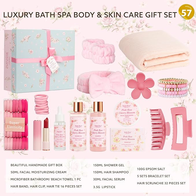 57 Pcs Bath Spa Kit for Women, Rose Bath and Body Gift, Facial Skin Care Set, Self Care Pampering Kit, Face Serum, Home Spa, Birthday Gift Set, Mother Day, Bridal Shower Bath sets for women gift