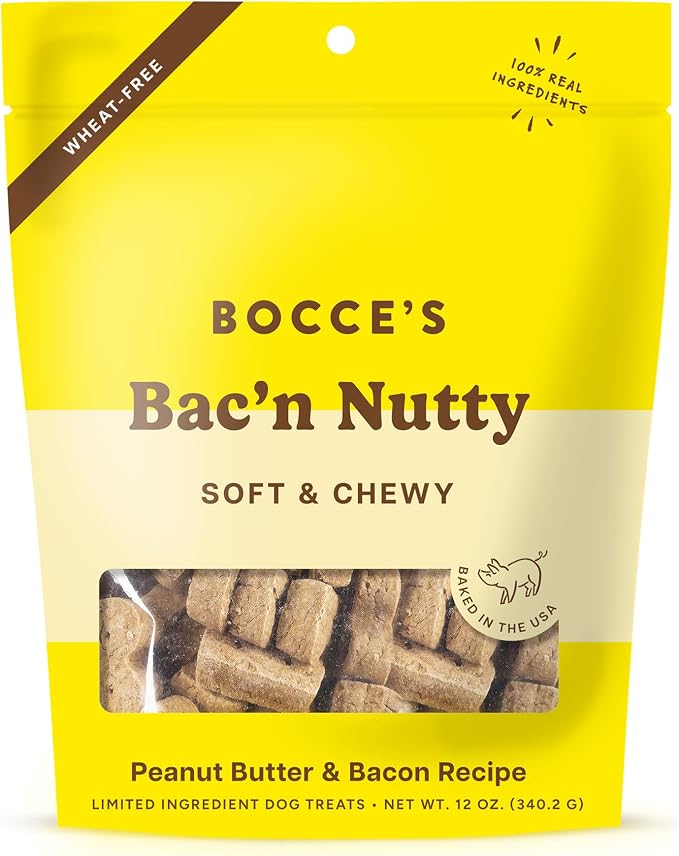 Bocce's Bakery Bac'n Nutty Soft Chewy Dog Treats, PB & Bacon Flavor (12 oz) | Oven Baked, Wheat-Free Everyday Dog Treat Cookies - Made with Real, Limited Ingredients and Baked in The USA