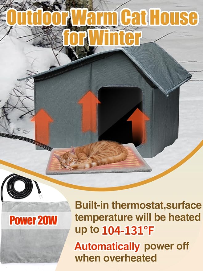 Weatherproof Heated Cat Houses for Outdoor Cats - Insulated Cat Shelter for Winter with Thermostatic Heating Pad and Escape Door, Warm Outside Pet House Gift for 1 Feral Cats (Small)