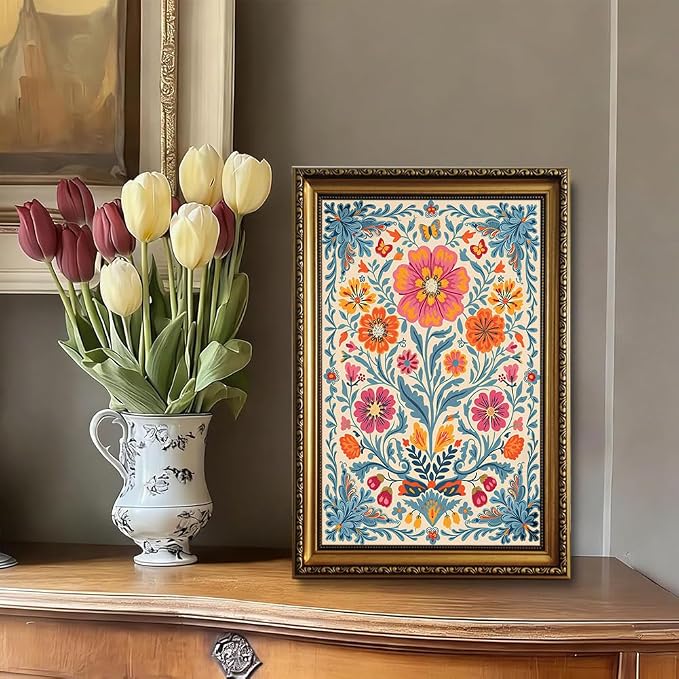 ZLPLLHA Vintage Floral Gold Framed Wall Art Mexican Pictures Wall Decor | Colorful Botanical Canvas Wall Art Latin Paintings Artwork Cottagecore Art Prints For Living Room Bedroom