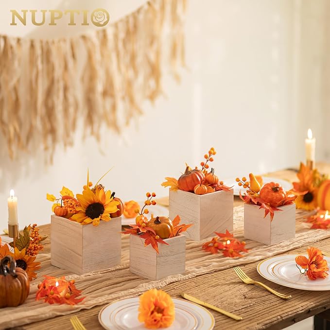 NUPTIO Small Wooden Box for Centerpiece, Whitewashed, Square, 4"/5", 12 Pcs | Farmhouse Wood Vases Planter, for Fall Decor, Windowsill, Home, Garden