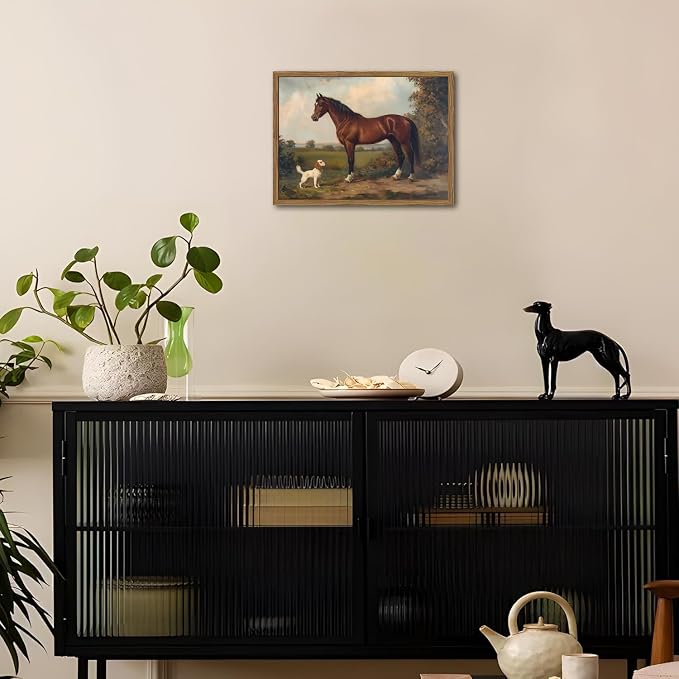 Framed Vintage Wall Art, Rustic Horse and Dog Pictures Wall Decor, Farmhouse Animal landscape Paintings Canvas Prints Neutral Aesthetic Home Decor for Living Room Bedroom Bathroom Office 8x10 inch