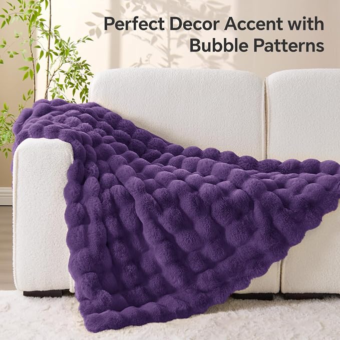 BEDELITE Faux Fur Throw Bubble Blanket for Couch, 50" x 60", Purple | 870GSM Soft Cozy Plush Blanket for Sofa & Bed Living Room Decor, Warm Fuzzy Faux Rabbit Fur for Women Gift, All Season Use