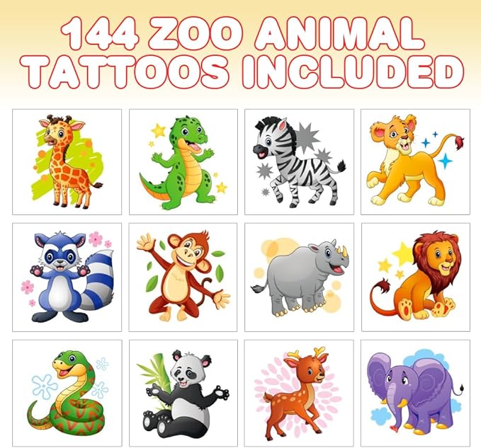 ArtCreativity Zoo Animal Individual Temporary Tattoos for Kids - Bulk Pack of 144 Non-Toxic 2 Inch Pre-Cut Tattoos, Safari Wild Animal Birthday Party Favors and Goodie Bag Fillers for Boys and Girls