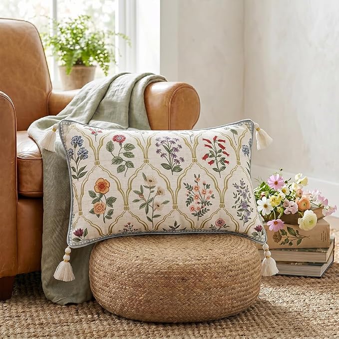 Designer Vintage Linen Throw Pillow Cover,20"x12"-Serenity B | French Elegant Rectangle Decor Pillow Cover,Concealed Zipper Design,Colorful Floral Pattern,Sofa,Bedroom,Living Room,Chair