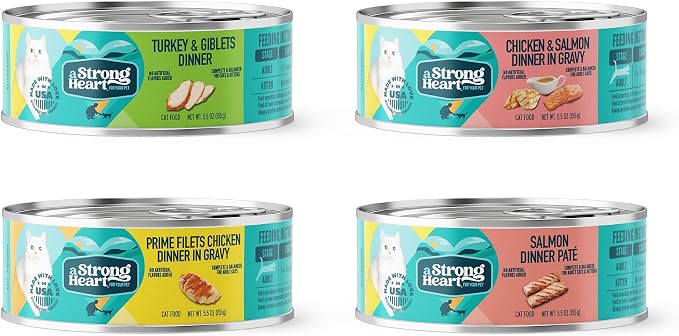 A Strong Heart Cat Food Dinner Variety Pack, Shreds & Cuts, 32pk | Chicken, turkey & salmon flavors, mixed pate & shreds textures, made in USA