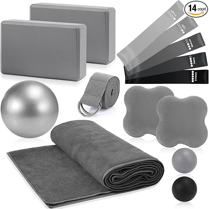 Simgoing 14 Pcs Yoga Kits for Home Workouts Pilates Equipment Set for Women Beginners, Hot Yoga Towel Blocks Strap, Knee Pad, Resistance Loop Exercise Band, Massage Lacrosse Ball, Pilates Ball
