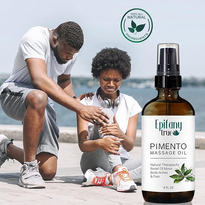 Natural Pimento Massage Oil 4oz | Moisturizing Soothing Muscle & Joint Relief | Refreshing Mint Scent | Pimento Oil (Allspice), Jamaican Black Castor Oil, Peppermint, Lemongrass