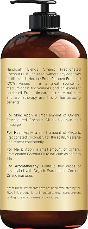 Handcraft Blends Organic Fractionated Coconut Oil | 100% Pure and Natural | Bath & Body Oil | Premium Grade Carrier Oil | Skin | Hair | Body | Massage | Hexane-Free | 16 Fl Oz