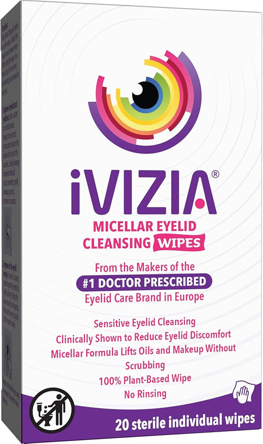 iVIZIA Eyelid Cleansing Wipes for Sensitive Eyelid Cleansing, Preservative-Free, Micellar, No Rinse, Gentle Eye Makeup Remover, 20 Sterile Single-Use Wipes for Eyelids Packaging May Vary