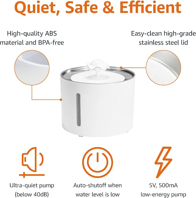Amazon Basics Large Capacity Pet Water Fountain with Stainless Steel Top, Ultra Quiet, Easy to Clean, BPA Free, 3L, White, 3 Filters Included (Pack of 8)