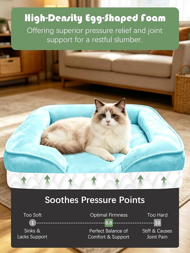 Spotted Play Orthopedic Dog Bed with Sides - Sofa Beds for Small Dogs, Supportive Foam Pet Couch Bed with Washable Removable Cover, Waterproof Lining and Non-Slip Bottom, Ice Blue - S