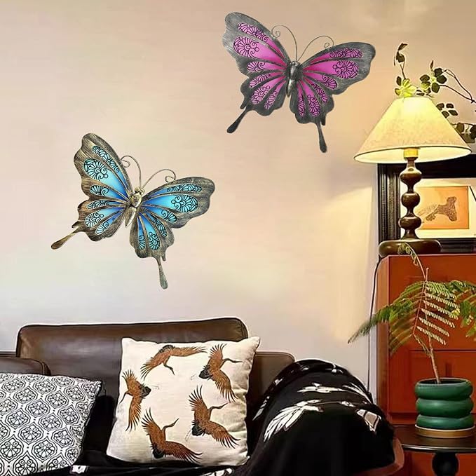 LIFFY Metal Butterfly Wall Decor,2Pack 12" Glass Butterfly Outdoor Wall Art Sculptures,Hanging Garden Decor Outside for Home,Yard,Fence,Patio