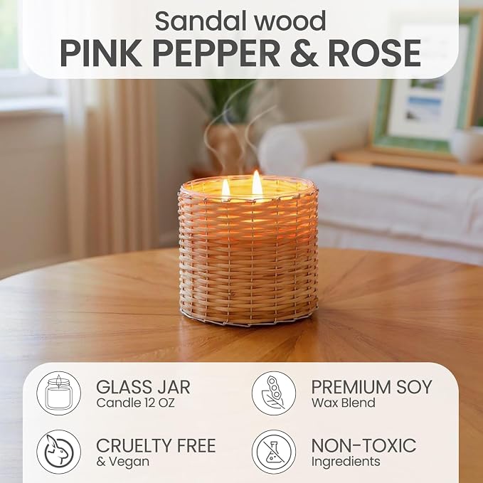 Peony Blush Scented Candle – Luxury 12oz Soy Wax, 2-Wick Handwoven Glass Jar, Sandalwood,Pink Peppercorn with Rose Blooms & Jasmine– Santal Candle, 75+ Hour Clean Burn, USA Made