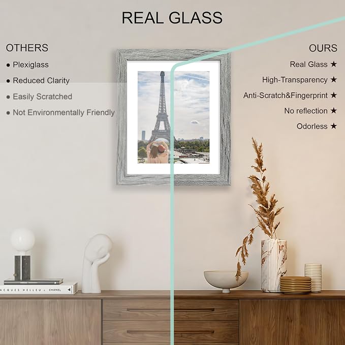 Hongkee 9x11 Picture Frame Set of 4, Made of Real Glass and Grey Frame - Display Picture 7x9 with Mat or 9x11 Without Mat, 9 by 11 Photo for Wall or Tabletop