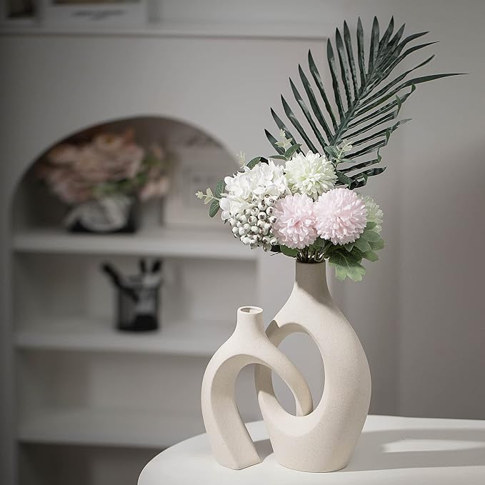 XL Beige Ceramic Vase Set of 2 for Modern Home Decor, Eclectic Entryway Modern Boho Hollow Flower Vases for Living Room Bookshelf Dining Coffee Table Centerpiece (W 6.8" X H 11")