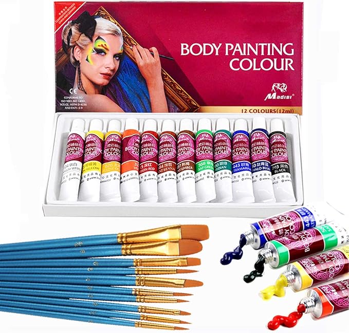 Face Paint Kit, 12 Colors Professional Painting Tubes, Non-Toxic & Hypoallergenic Body Paint Halloween Makeup, Rich Pigment (Great for Adult)