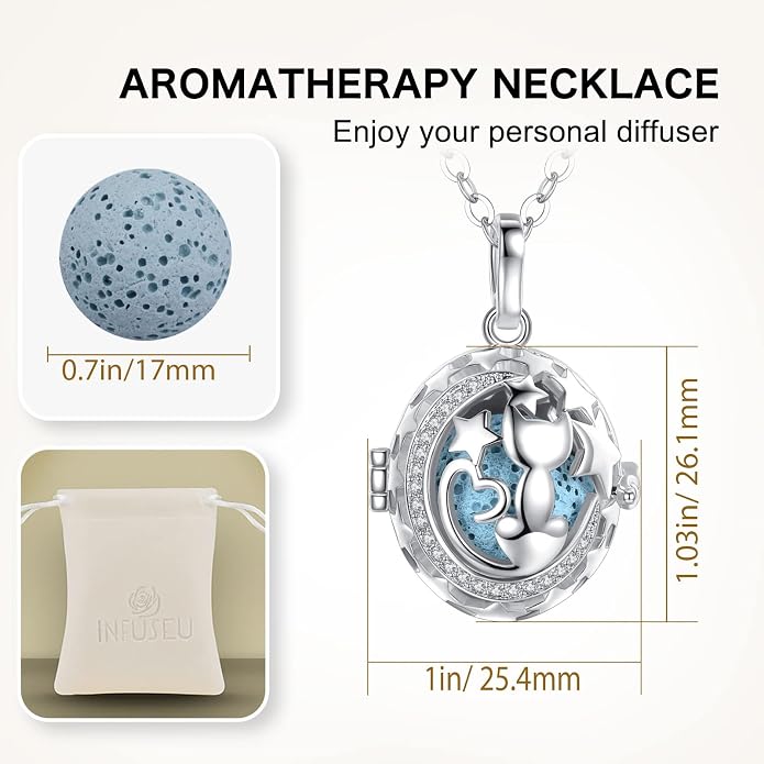 INFUSEU Aromatherapy Gifts Essential Oils Diffuser Jewelry for Women, Cute Animals Pendant Necklaces, 7 Lava Rocks Stones, 24" Chain