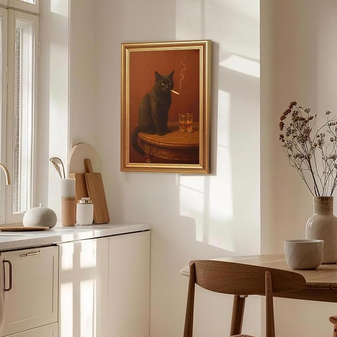 ICHZUMW Gold Framed Funny Black Cat Whiskey Vintage Canvas Wall Art 16x24In | Funny Cat Smoking Cigarette Picture, Quirky Animal Bar Wall decor, Bathroom Man Cave Bedroom, Fade Resistant, Ready to Hang