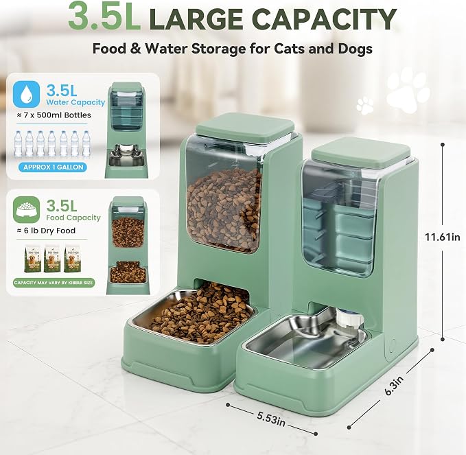2 Pack Automatic Cat Feeder Stainless Steel Gravity Food and Water Dispenser for Small Medium Kitten Puppy Pets (Green)