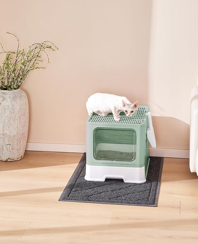 Medario Cat Litter Box with X-Large Litter Mat and Scoop(Upgrade Green) | Large Covered Litter Box with Lid, Enclosed Kitty Box,Front Top Entry Exit, Odor Control Easy to Clean