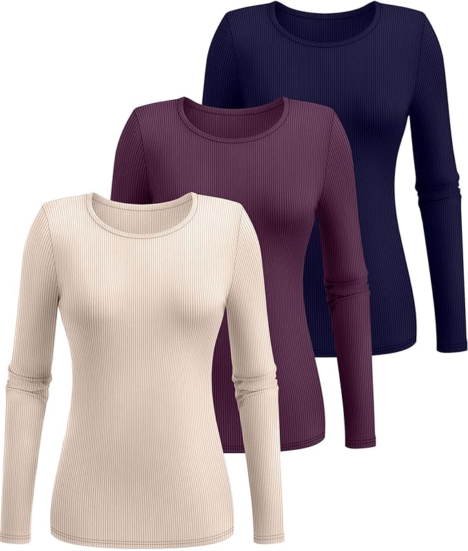 Ficerd 3 Pack Women's Ribbed Long Sleeve Tops, Crew Neck Slim Fit Undershirts Knit Basic Casual Stretch Layering Tee Shirts